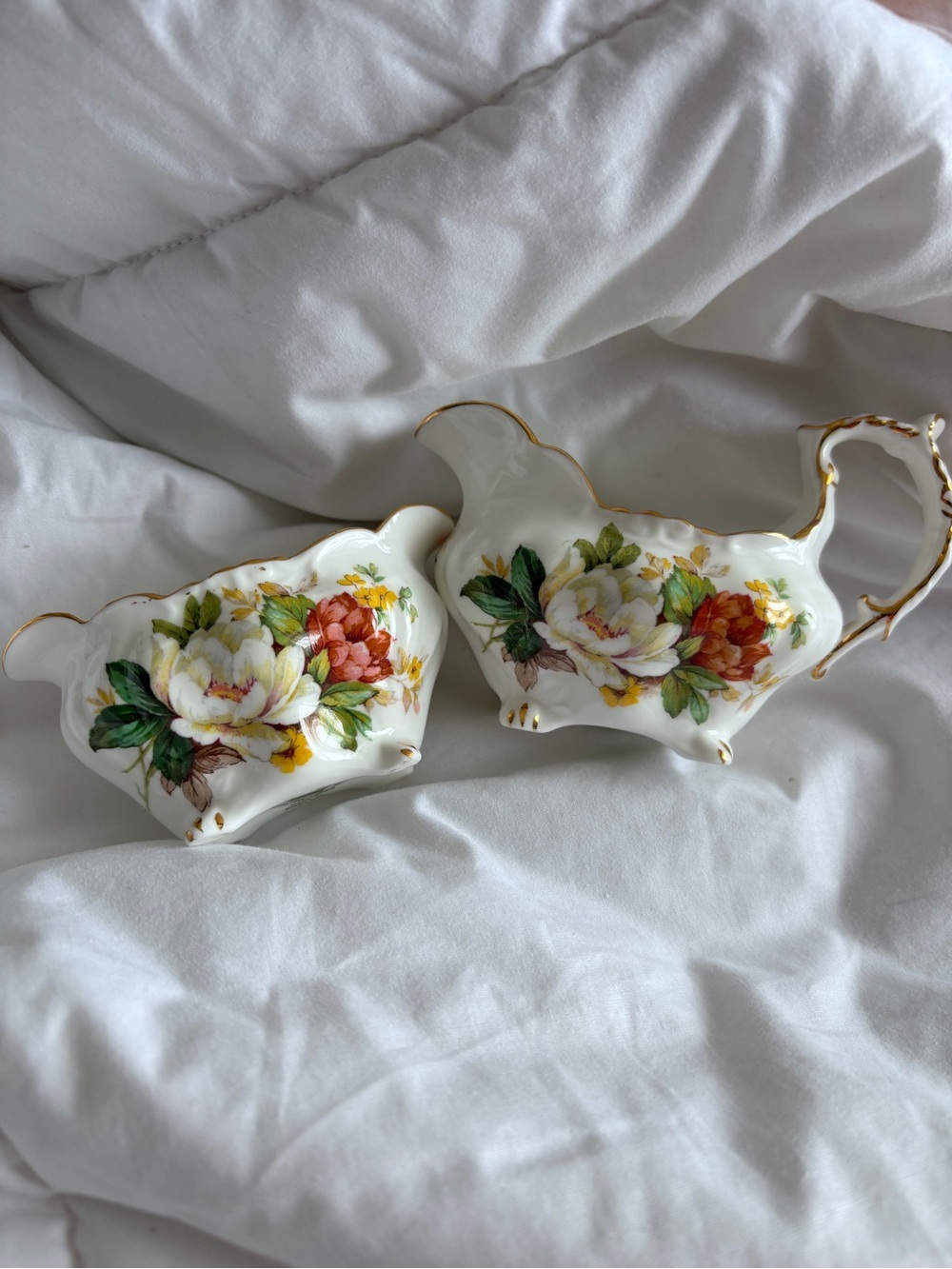 Hammersley & Co English Bone China Red White Green Floral Creamer and Sugar Set